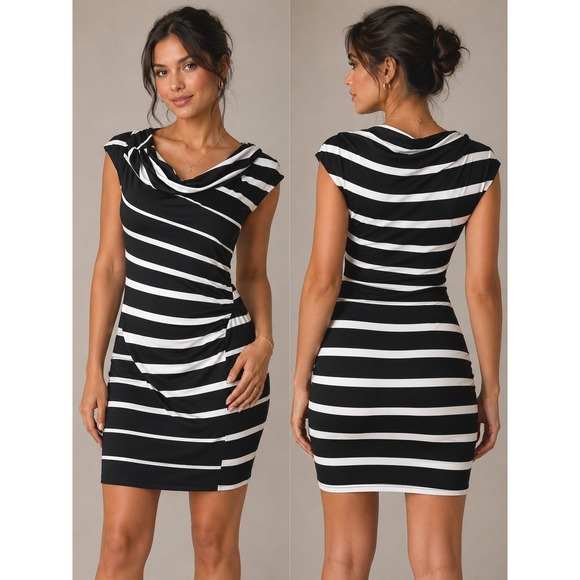 attention Dresses & Skirts - Attention Womens Black White Striped Cowl Neck Ruched Sheath Dress XS 3012